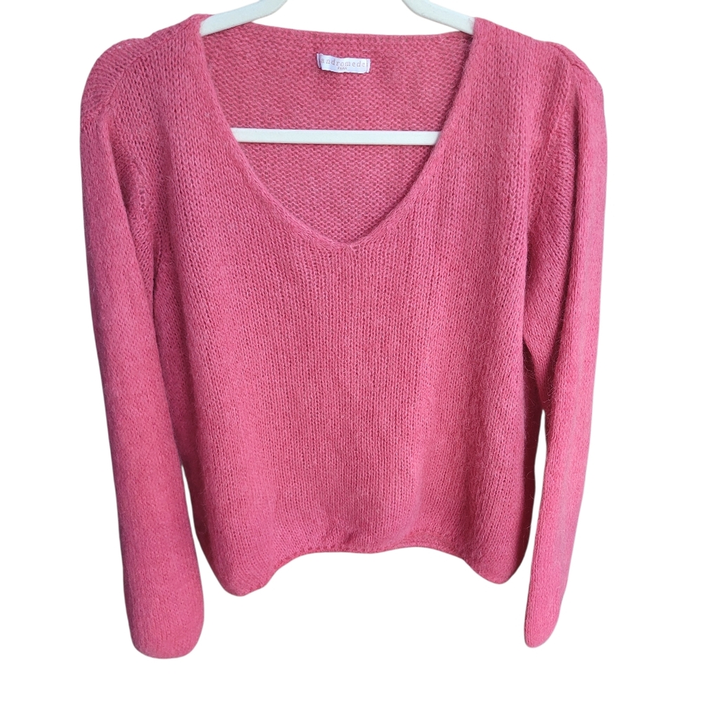 Andromede Paris Sweater Size M pink open knit V neck jumper Baby Alpaca Blend